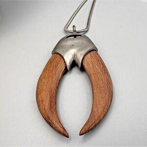 Rare Alexis Kirk Pewter and Wood Tusk Pendant Signed Runway Statement 1970s READ